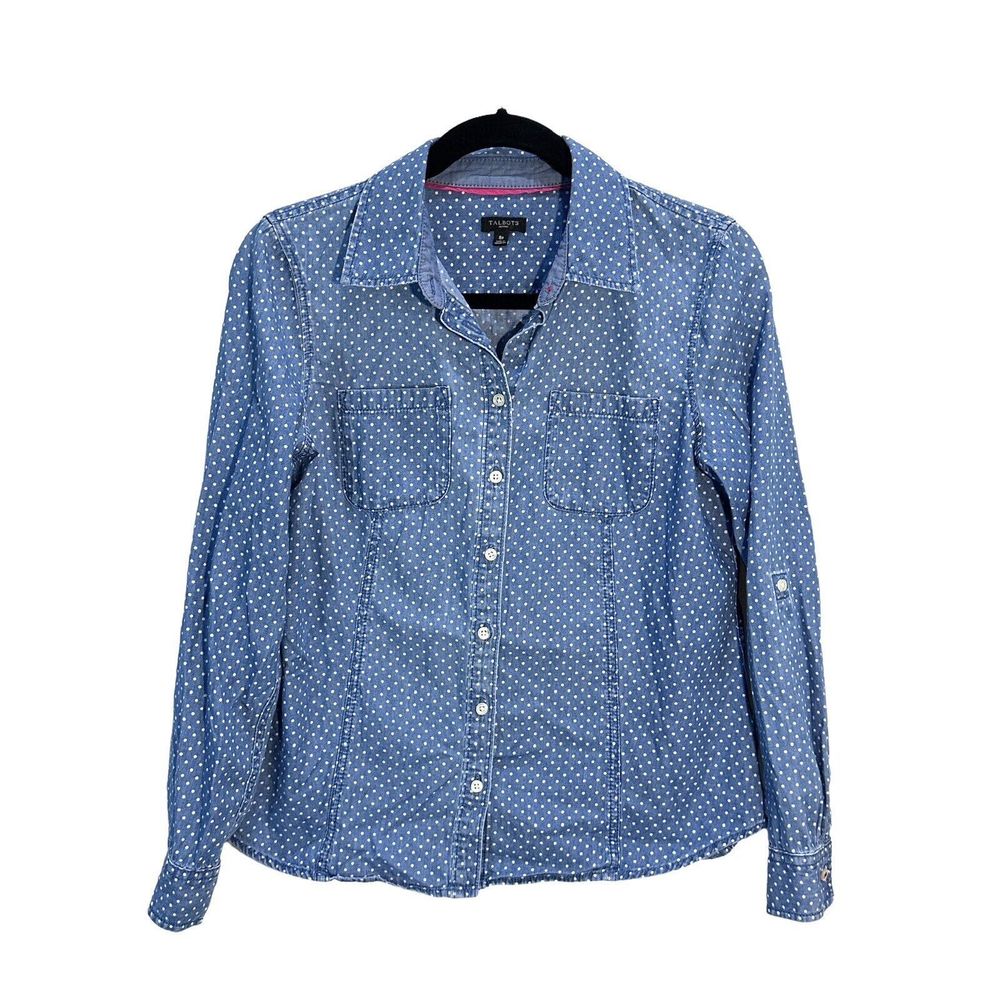 TALBOTS Women Blue Polka Dot 100% Cotton Denim Button-Up L/S Shirt Petites Sz 8P
